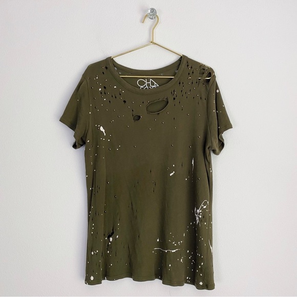 Chaser Olive Green Crew Neck Distressed Studded Paint Splatter T-Shirt Women’s M - Picture 9 of 9